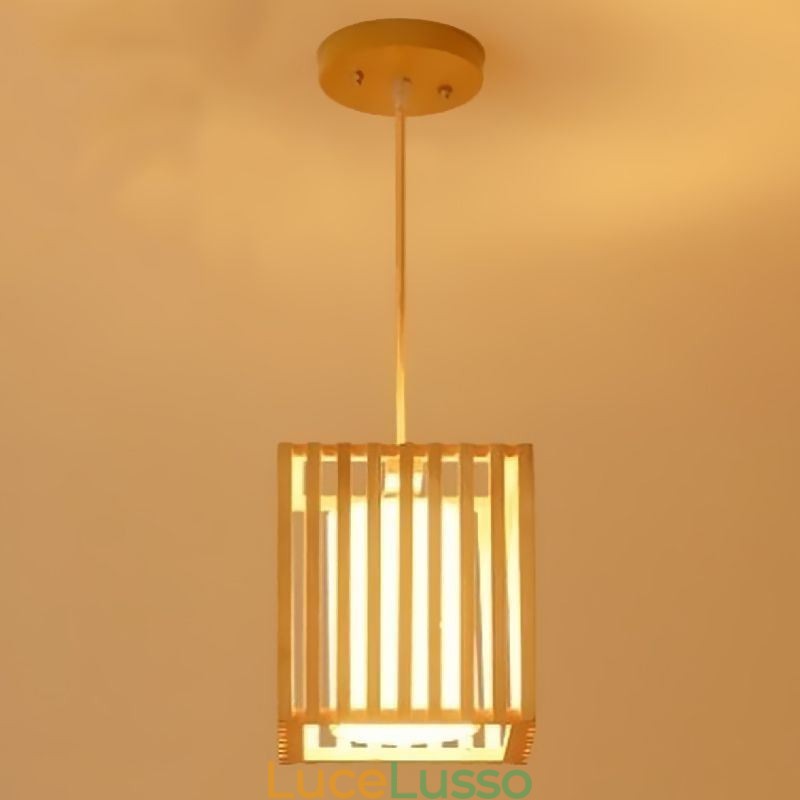 Lampada a sospensione minimalista in gabbia di legno