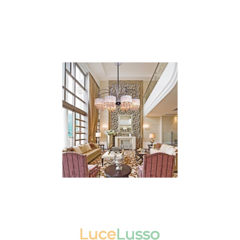 Lampadario moderno contemporaneo in metallo cromato e cristallo