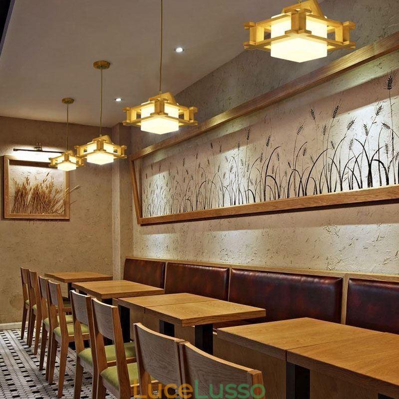 Lampada a sospensione in rovere in stile nordico con paralume in vetro smerigliato Cafe