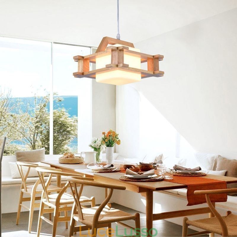 Lampada a sospensione in rovere in stile nordico con paralume in vetro smerigliato Cafe