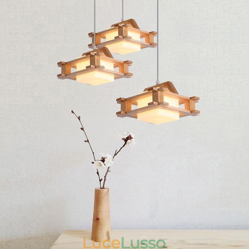 Lampada a sospensione in rovere in stile nordico con paralume in vetro smerigliato Cafe