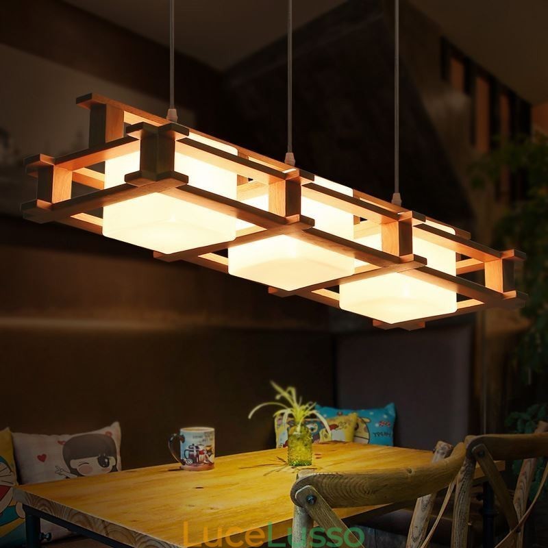 Lampada a sospensione creativa in rovere a 3 luci, lampada da soffitto decorativa in legno, caffetteria