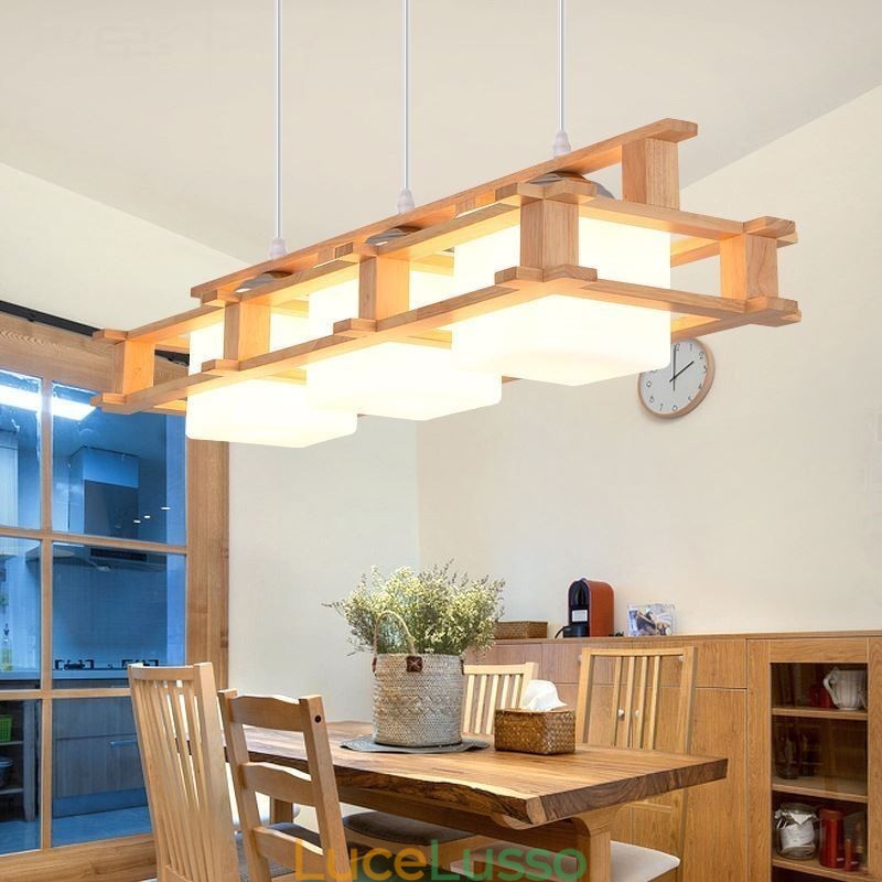 Lampada a sospensione creativa in rovere a 3 luci, lampada da soffitto decorativa in legno, caffetteria