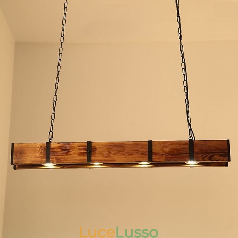 Lampada a sospensione in stile industriale, lampada da soffitto rettangolare in legno, isola