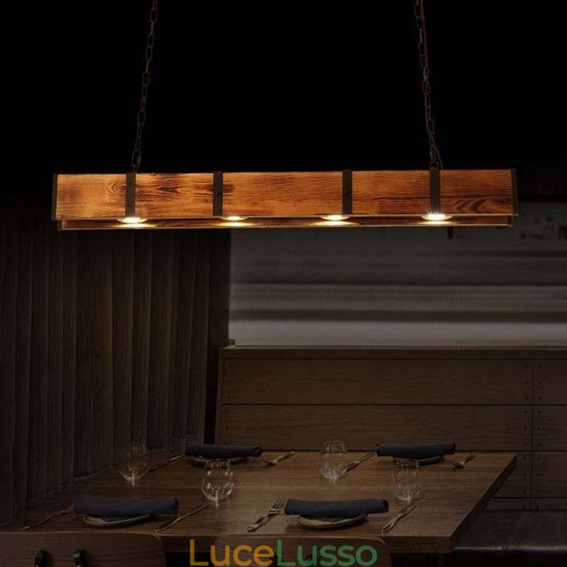 Lampada a sospensione in stile industriale, lampada da soffitto rettangolare in legno, isola