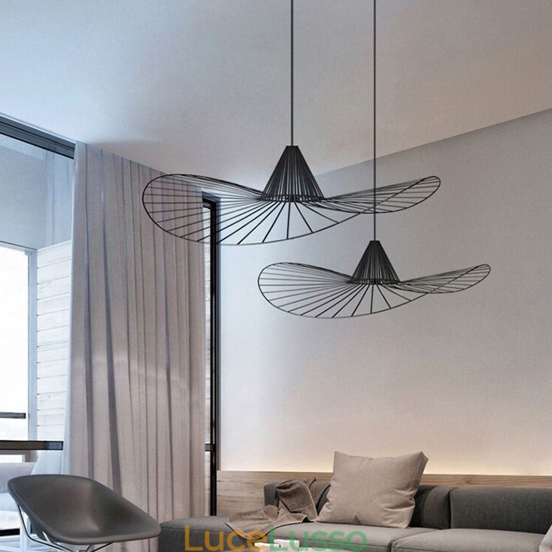 Lampada a sospensione in ferro, semplice lampada a cappello di paglia, 1 luce