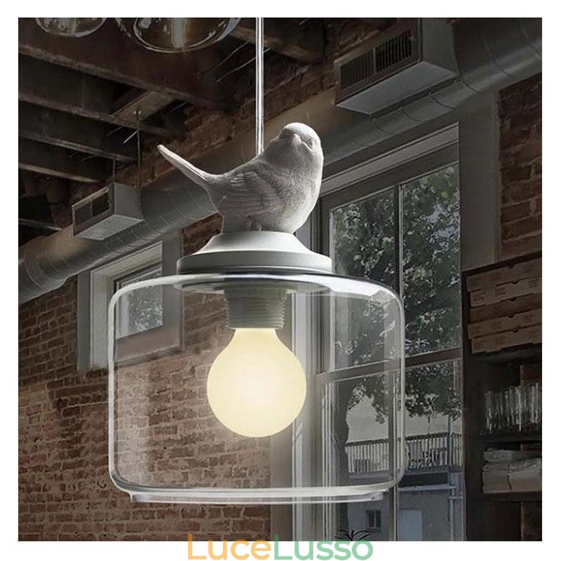 Lampada a sospensione in vetro in stile retrò, illuminazione decorativa a forma di uccellino