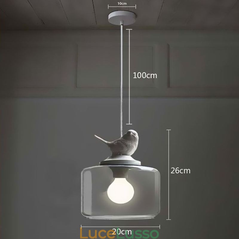 Lampada a sospensione in vetro in stile retrò, illuminazione decorativa a forma di uccellino