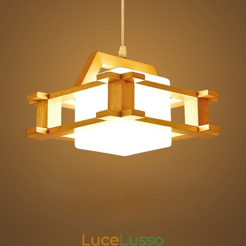 Lampada a sospensione in rovere in stile nordico con paralume in vetro smerigliato Cafe