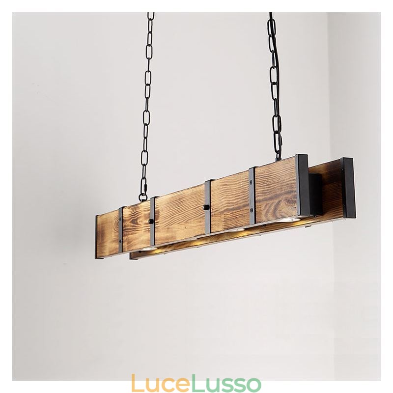 Lampada a sospensione in stile industriale, lampada da soffitto rettangolare in legno, isola