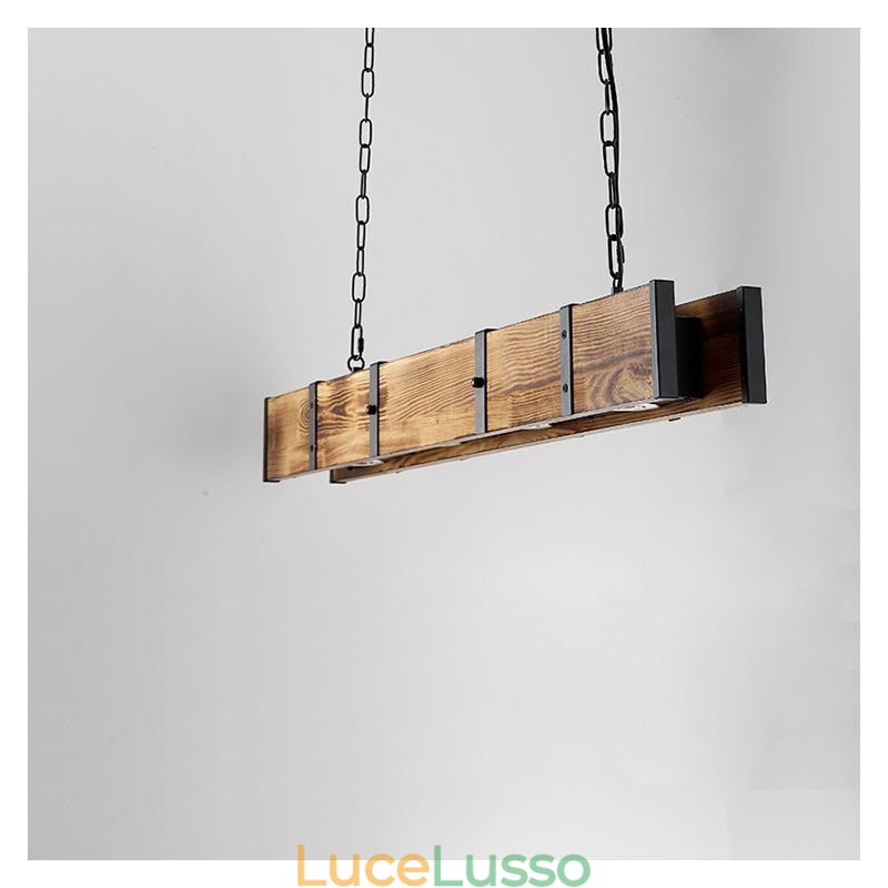 Lampada a sospensione in stile industriale, lampada da soffitto rettangolare in legno, isola