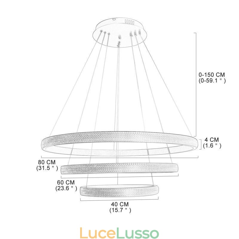 Lampada a sospensione moderna in acrilico con 3 anelli, 80+60+40cm
