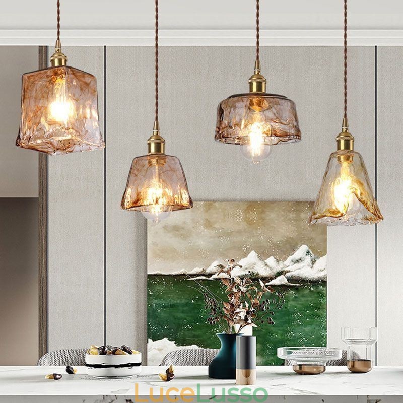 Lampada a sospensione in vetro mini unica in stile giapponese, colore ambra, illuminazione decorativa