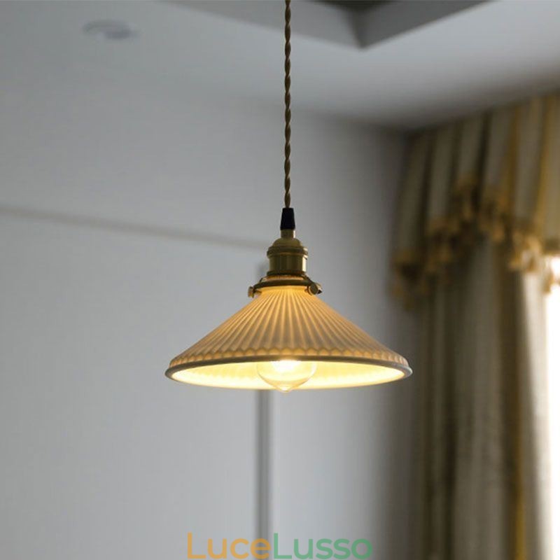 Lampada a sospensione in ceramica in stile giapponese, lampada a sospensione retrò plissettata