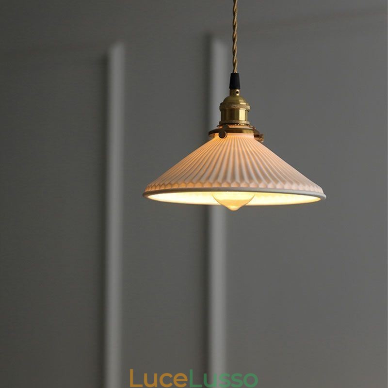Lampada a sospensione in ceramica in stile giapponese, lampada a sospensione retrò plissettata
