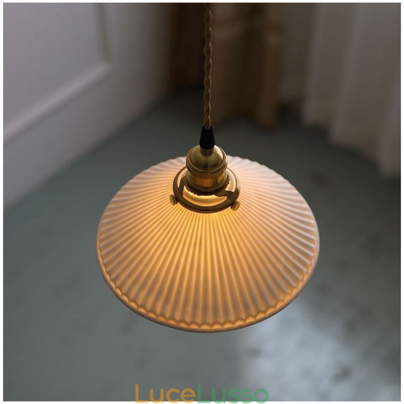 Lampada a sospensione in ceramica in stile giapponese, lampada a sospensione retrò plissettata