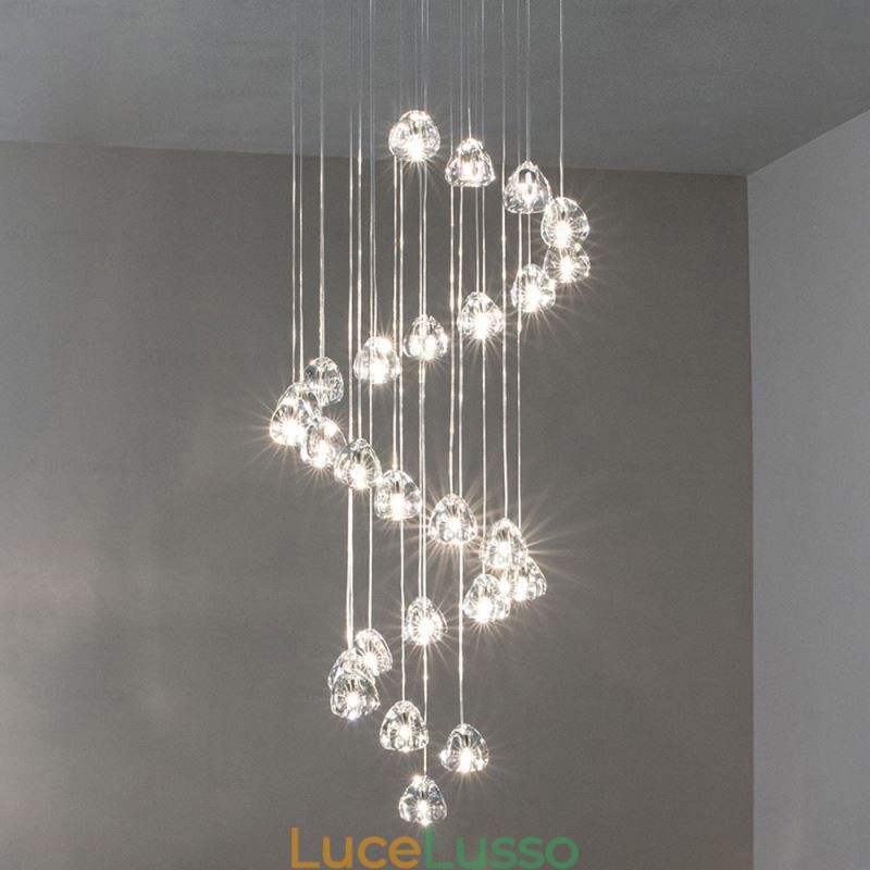 Lampada a sospensione moderna a grappolo di cristallo, paralume in cristallo unico, scala duplex