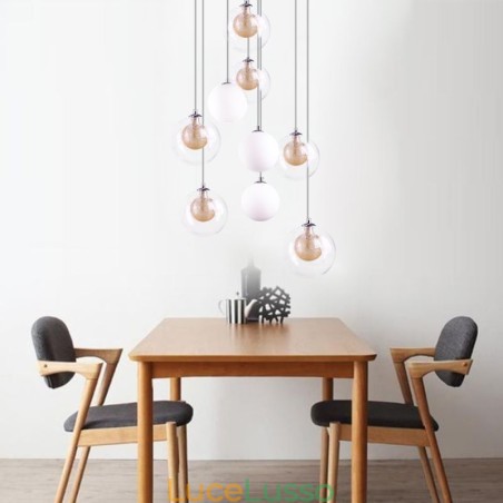 Lampada a sospensione in vetro a grappolo, lampada da soffitto in nichel dorato spazzolato + sfera in vetro lattiginoso Lampada a sospensione in vetro a grappolo, lampada da soffitto in nichel dorato spazzolato + sfera in vetro lattiginoso