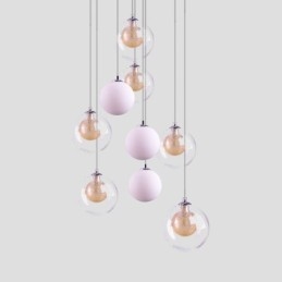 Lampada a sospensione in vetro a grappolo, lampada da soffitto in nichel dorato spazzolato + sfera in vetro lattiginoso