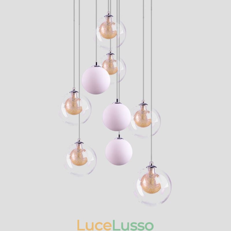 Lampada a sospensione in vetro a grappolo, lampada da soffitto in nichel dorato spazzolato + sfera in vetro lattiginoso