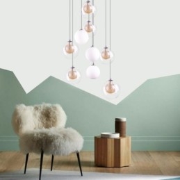 Lampada a sospensione in vetro a grappolo, lampada da soffitto in nichel dorato spazzolato + sfera in vetro lattiginoso