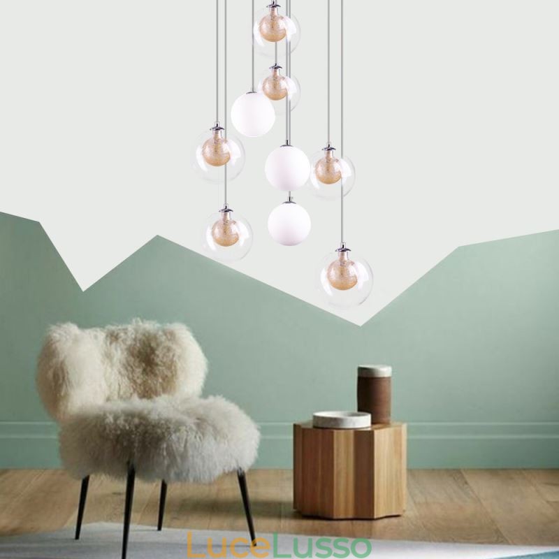 Lampada a sospensione in vetro a grappolo, lampada da soffitto in nichel dorato spazzolato + sfera in vetro lattiginoso