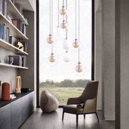 Lampada a sospensione in vetro a grappolo, lampada da soffitto in nichel dorato spazzolato + sfera in vetro lattiginoso