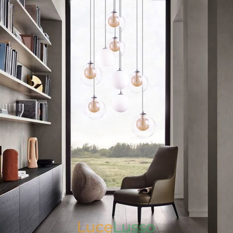 Lampada a sospensione in vetro a grappolo, lampada da soffitto in nichel dorato spazzolato + sfera in vetro lattiginoso