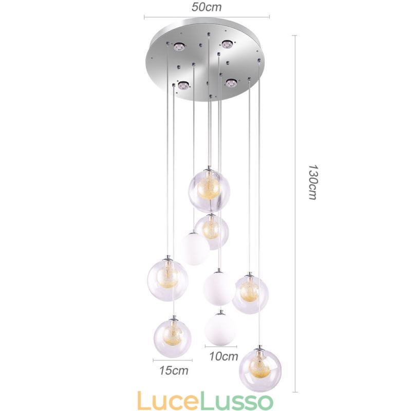Lampada a sospensione in vetro a grappolo, lampada da soffitto in nichel dorato spazzolato + sfera in vetro lattiginoso