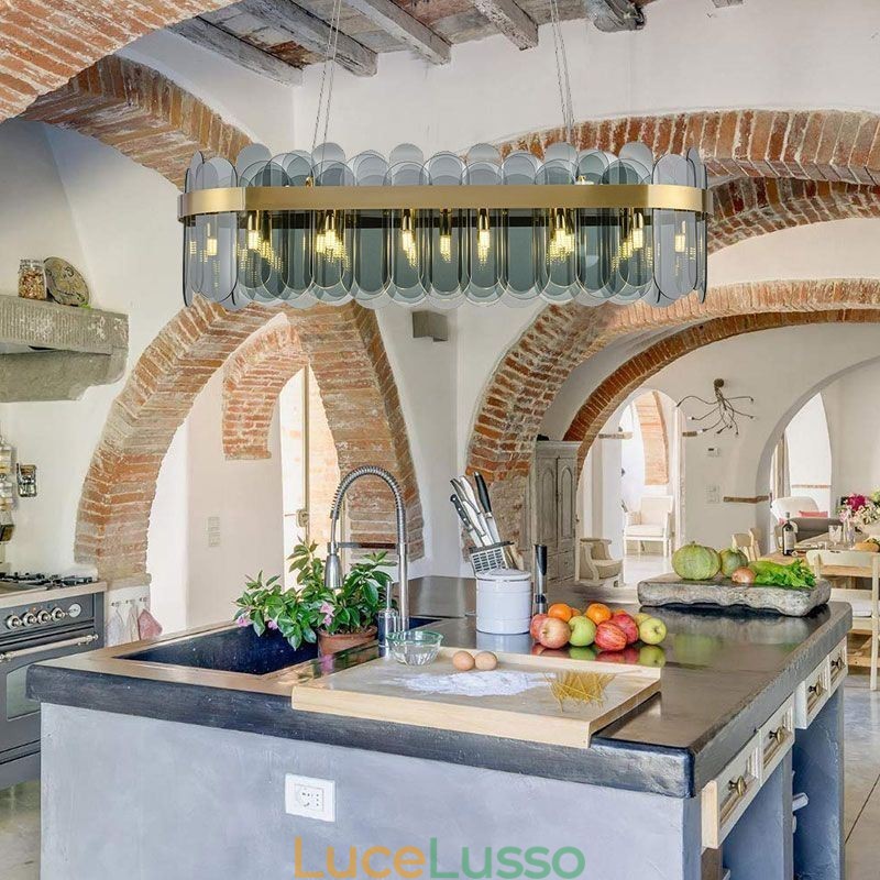 Lampada a sospensione minimalista in vetro, lampada da soffitto rettangolare di colore unico, isola