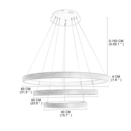 Lampada a sospensione moderna in acrilico con 3 anelli, 80+60+40cm