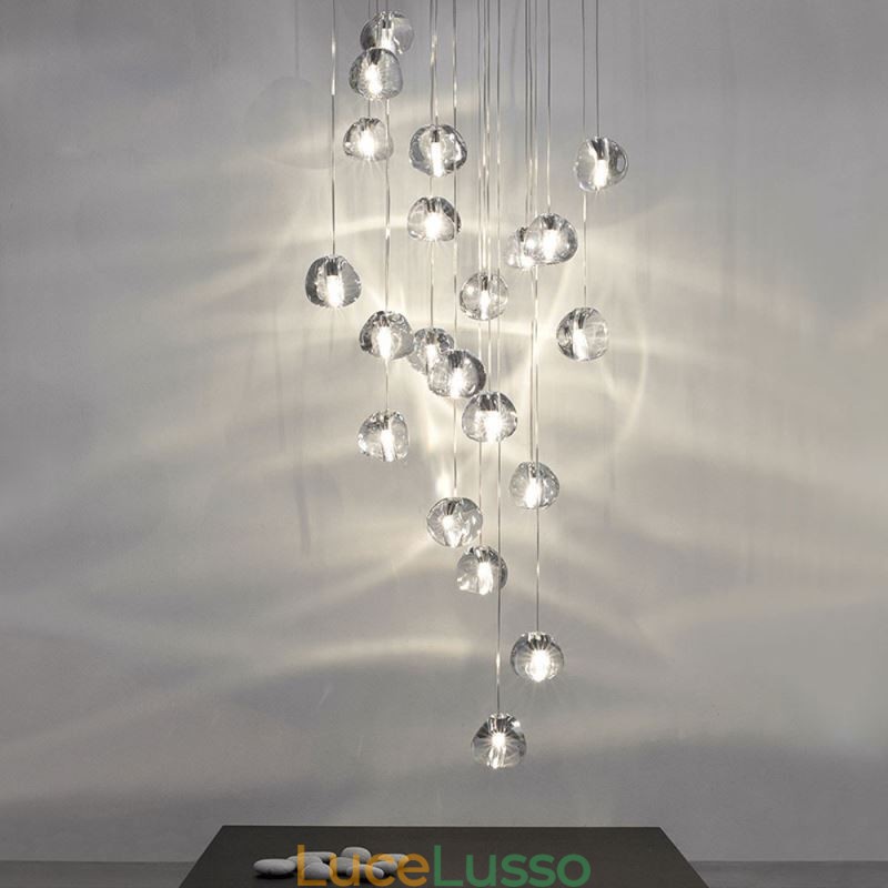 Lampada a sospensione moderna a grappolo di cristallo, paralume in cristallo unico, scala duplex