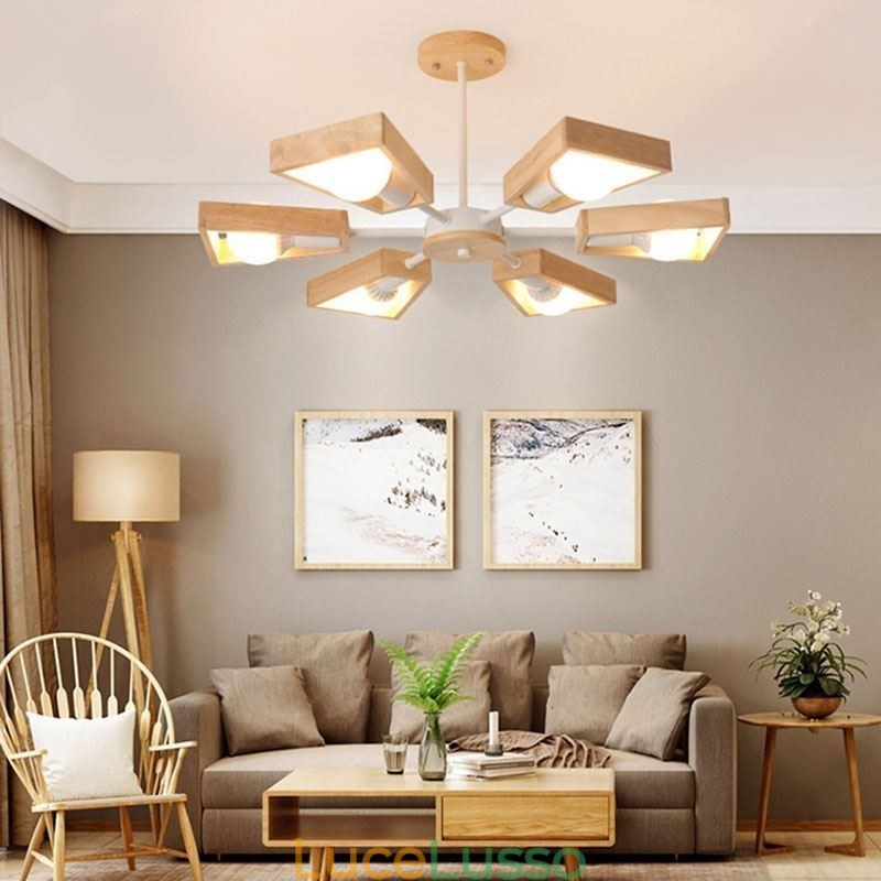 Lampadario moderno a forma di ventaglio, elegante lampada a sospensione in legno