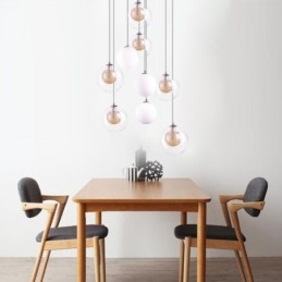 Lampada a sospensione in vetro a grappolo, lampada da soffitto in nichel dorato spazzolato + sfera in vetro lattiginoso