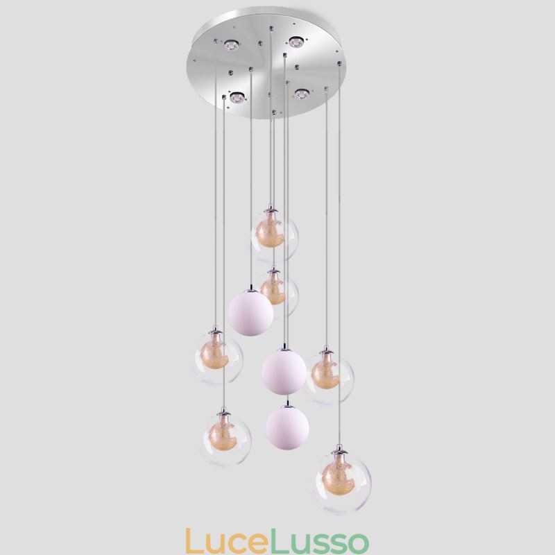 Lampada a sospensione in vetro a grappolo, lampada da soffitto in nichel dorato spazzolato + sfera in vetro lattiginoso