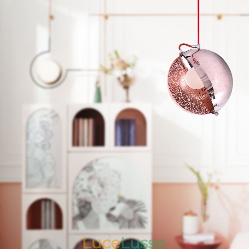 Lampada a sospensione moderna in oro rosa con paralume in vetro semicircolare, luce decorativa da caffè