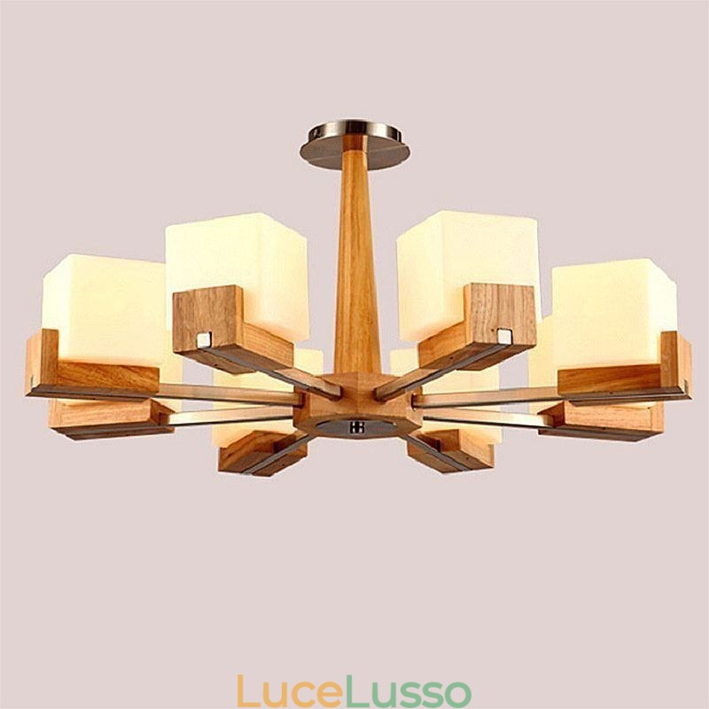 Lampadario con paralume in vetro e lampada a sospensione in legno nordico