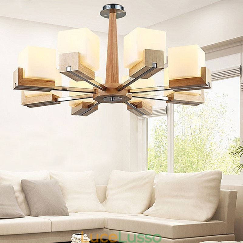 Lampadario con paralume in vetro e lampada a sospensione in legno nordico