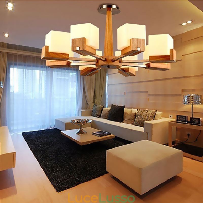 Lampadario con paralume in vetro e lampada a sospensione in legno nordico
