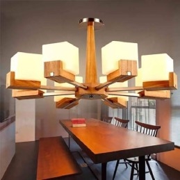 Lampadario con paralume in vetro e lampada a sospensione in legno nordico
