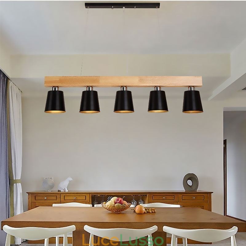 Lampadario in legno nordico, lampada a sospensione dritta unica, stile caffetteria