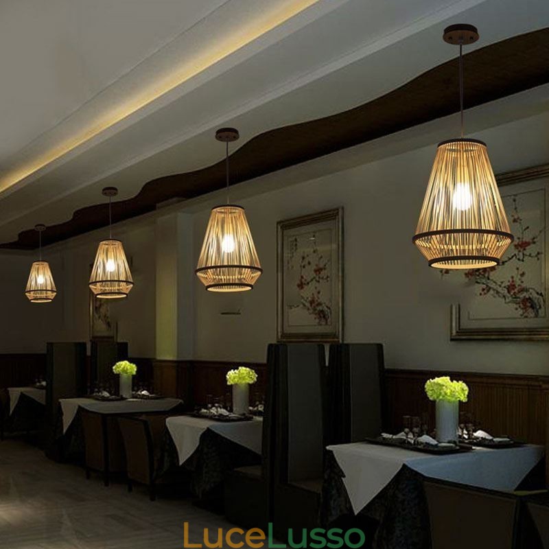 Lampada a sospensione da comodino in bambù intrecciato