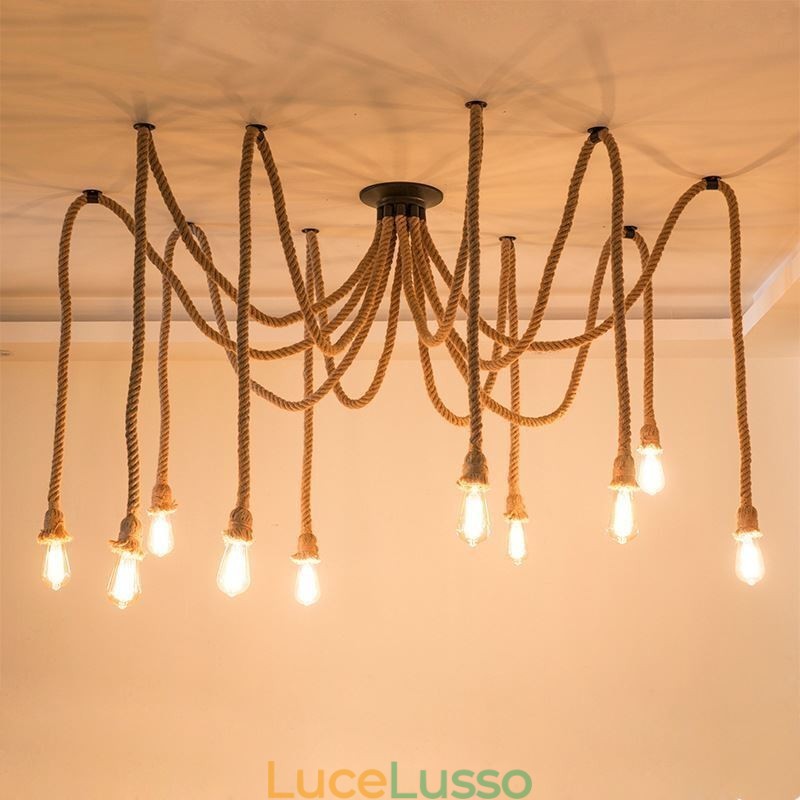 Lampadario a sospensione in corda di canapa, stile retrò, 6 o 10 teste, lampadario vintage