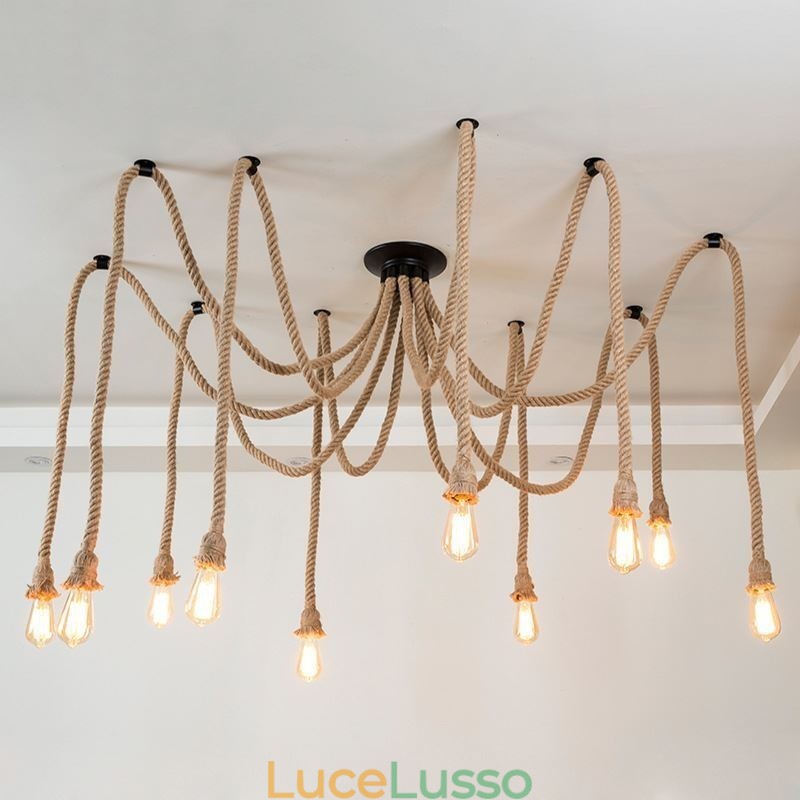 Lampadario a sospensione in corda di canapa, stile retrò, 6 o 10 teste, lampadario vintage