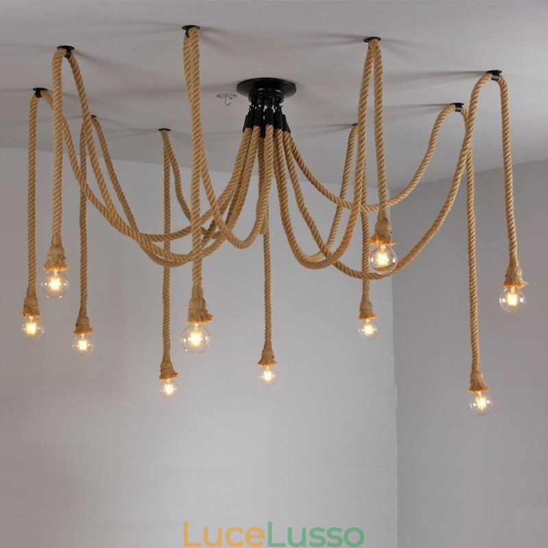 Lampadario a sospensione in corda di canapa, stile retrò, 6 o 10 teste, lampadario vintage