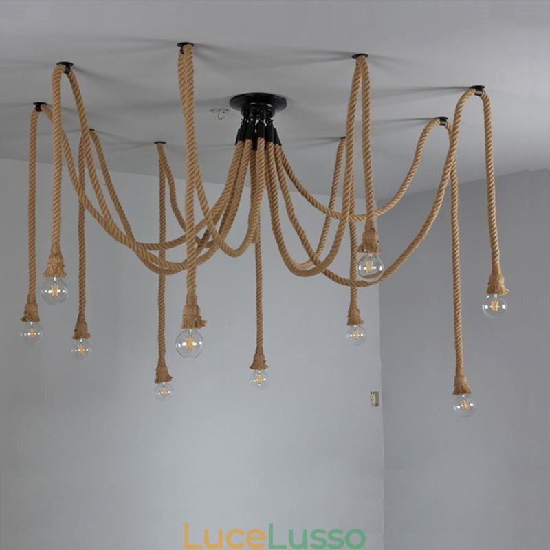 Lampadario a sospensione in corda di canapa, stile retrò, 6 o 10 teste, lampadario vintage