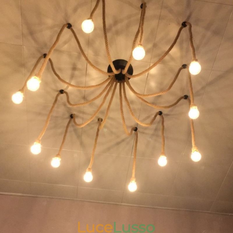 Lampadario a sospensione in corda di canapa, stile retrò, 6 o 10 teste, lampadario vintage