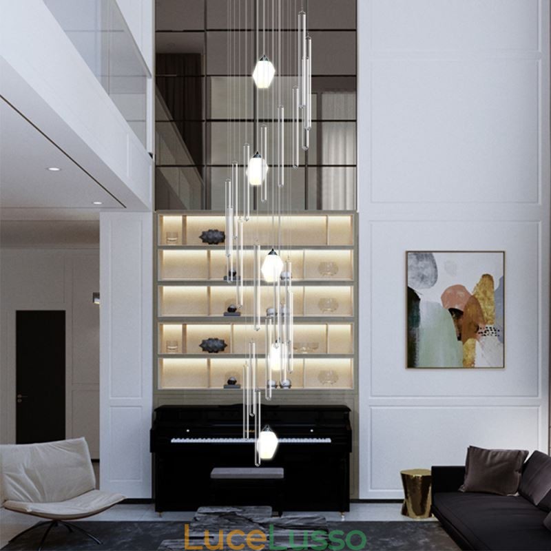 Lampadario a sospensione a grappolo moderno, grande, in cristallo, per scale duplex