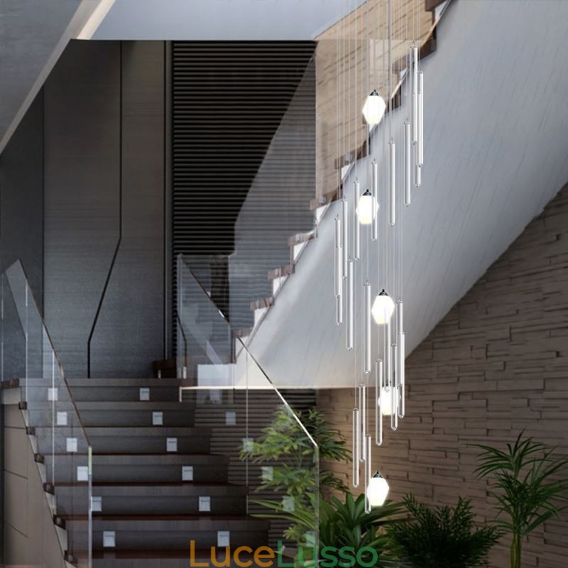Lampadario a sospensione a grappolo moderno, grande, in cristallo, per scale duplex