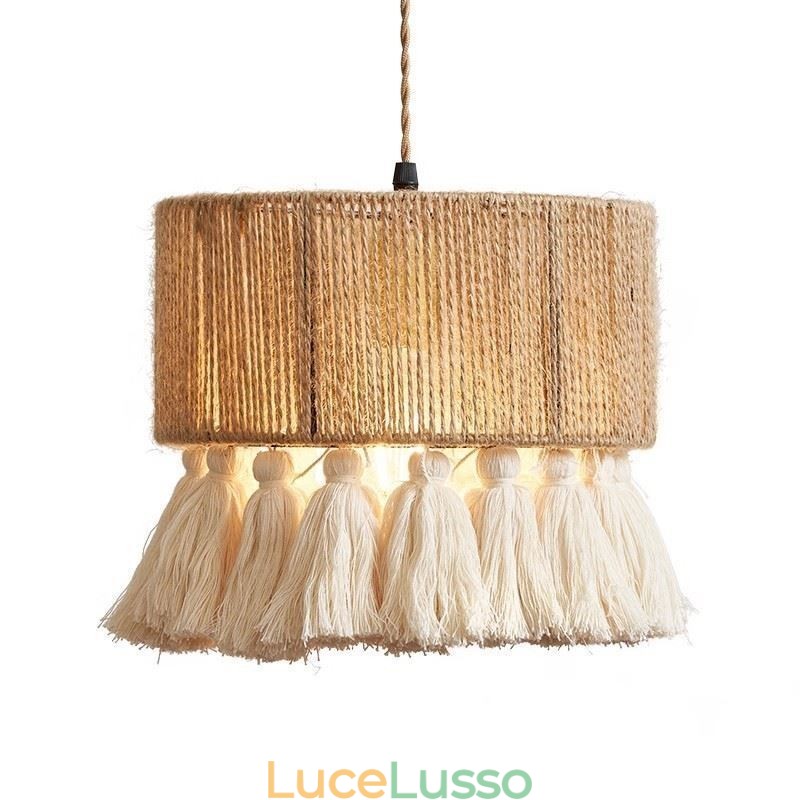 Lampada a sospensione in corda di canapa, decorazione retrò, lampada da soffitto, paralume con nappa